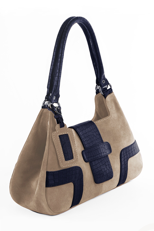 Dress handbag in tan beige and navy blue leather - Top view